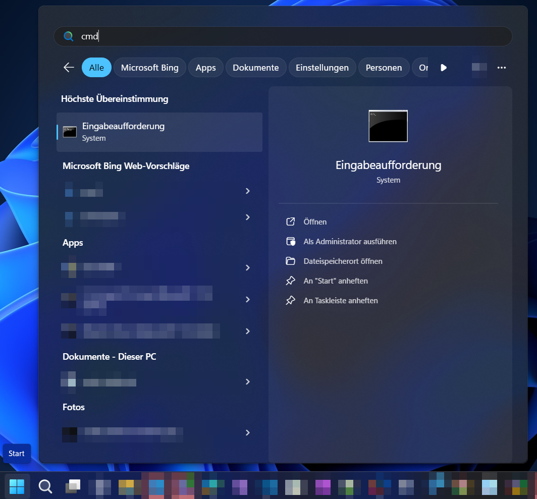 CMD über das Startmenü öffnen