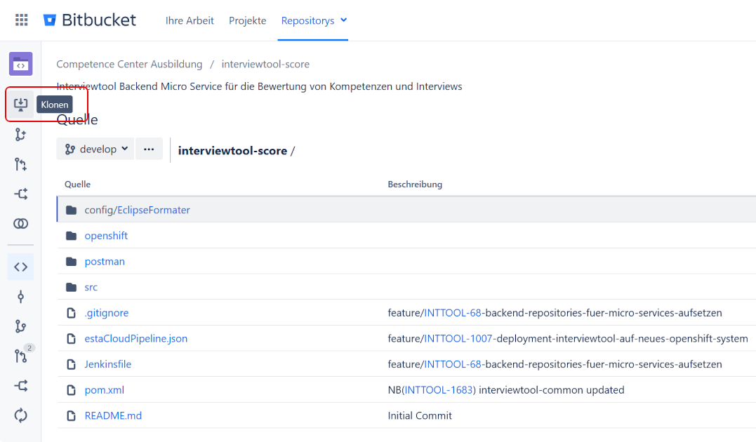 Bitbucket Weboberfläche (Klonen)