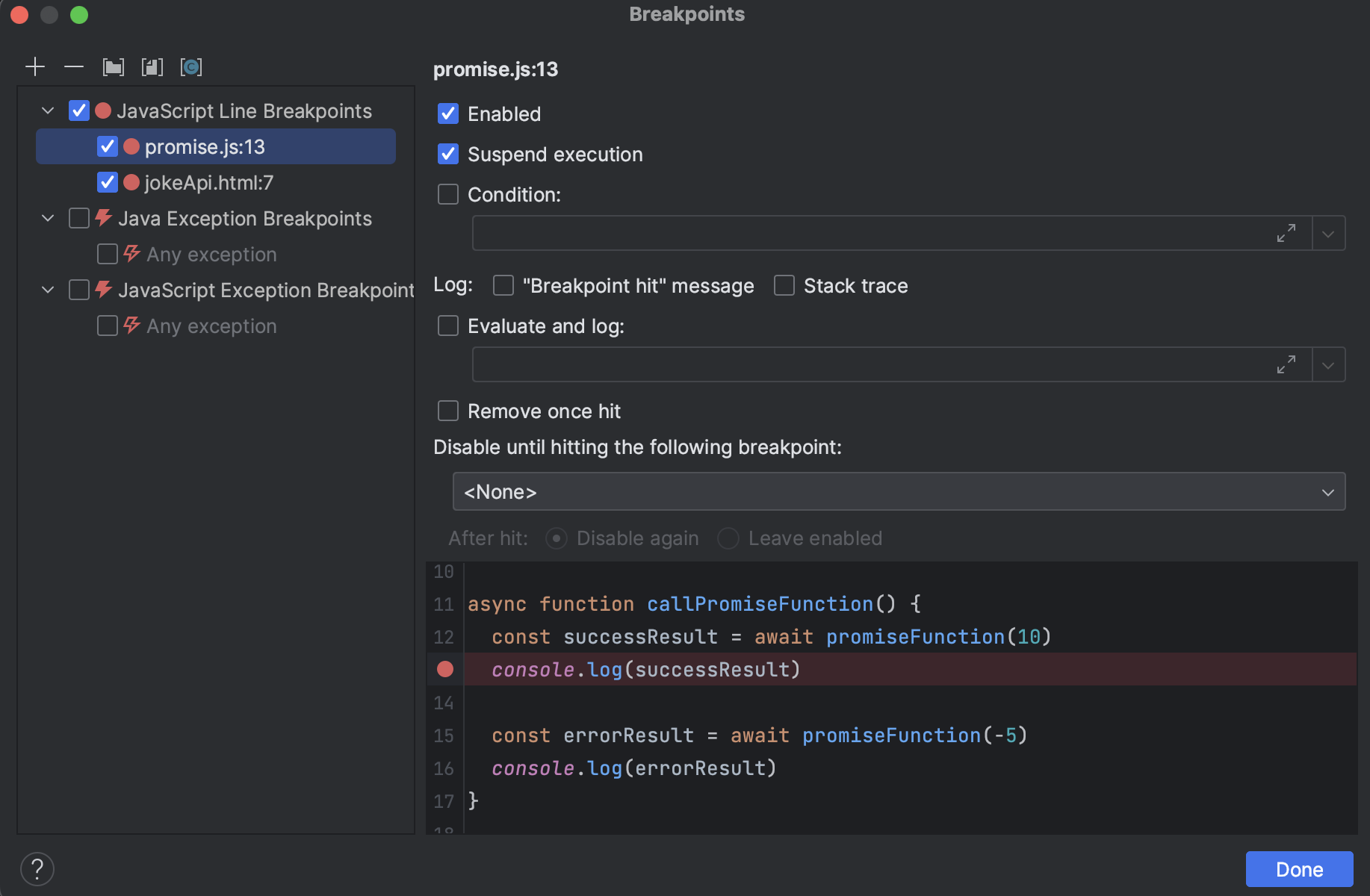 IntelliJ öffnet ein erweitertes Breakpoint Menü