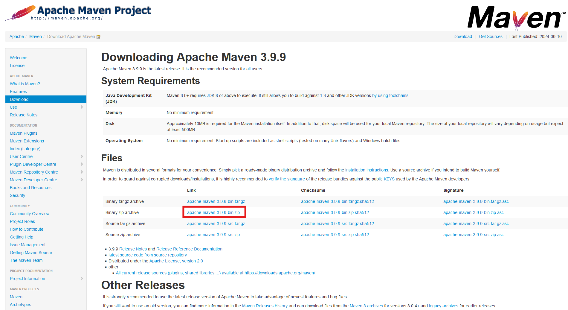 Apache Maven Project Download (Stand: 22.09.2024)