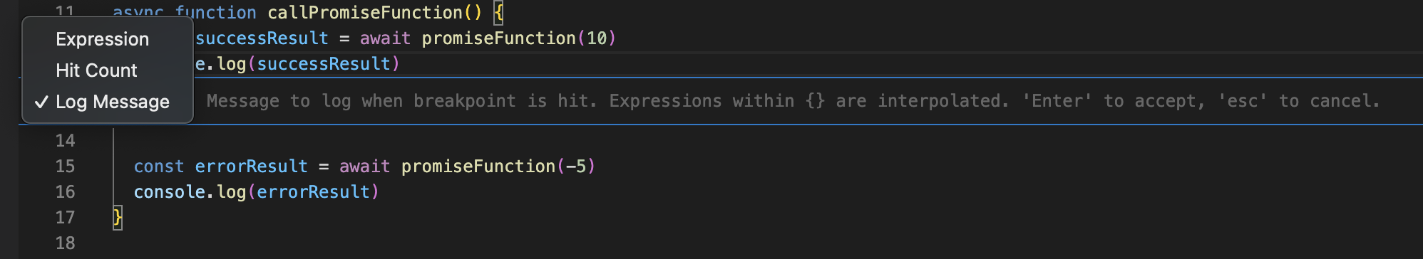 VS Code zeigt nun, die Conditional Breakpoint Optionen