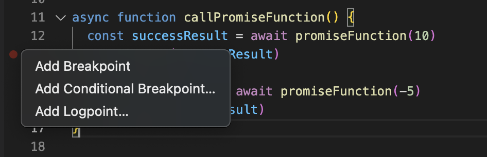 VS Code zeigt nun, die Breakpoint Optionen