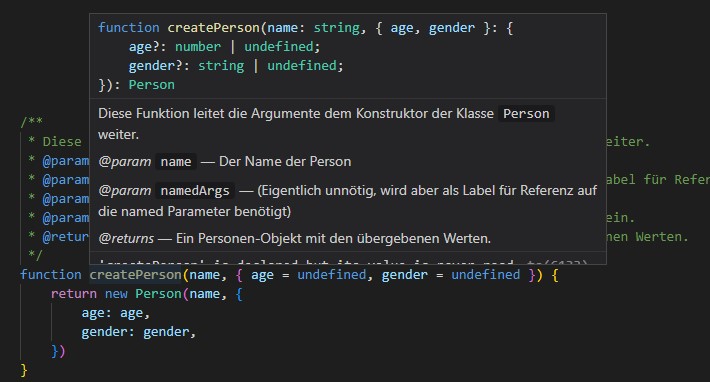 VS Code zeigt nun den JSDoc an, wenn du diese Funktion eintippst